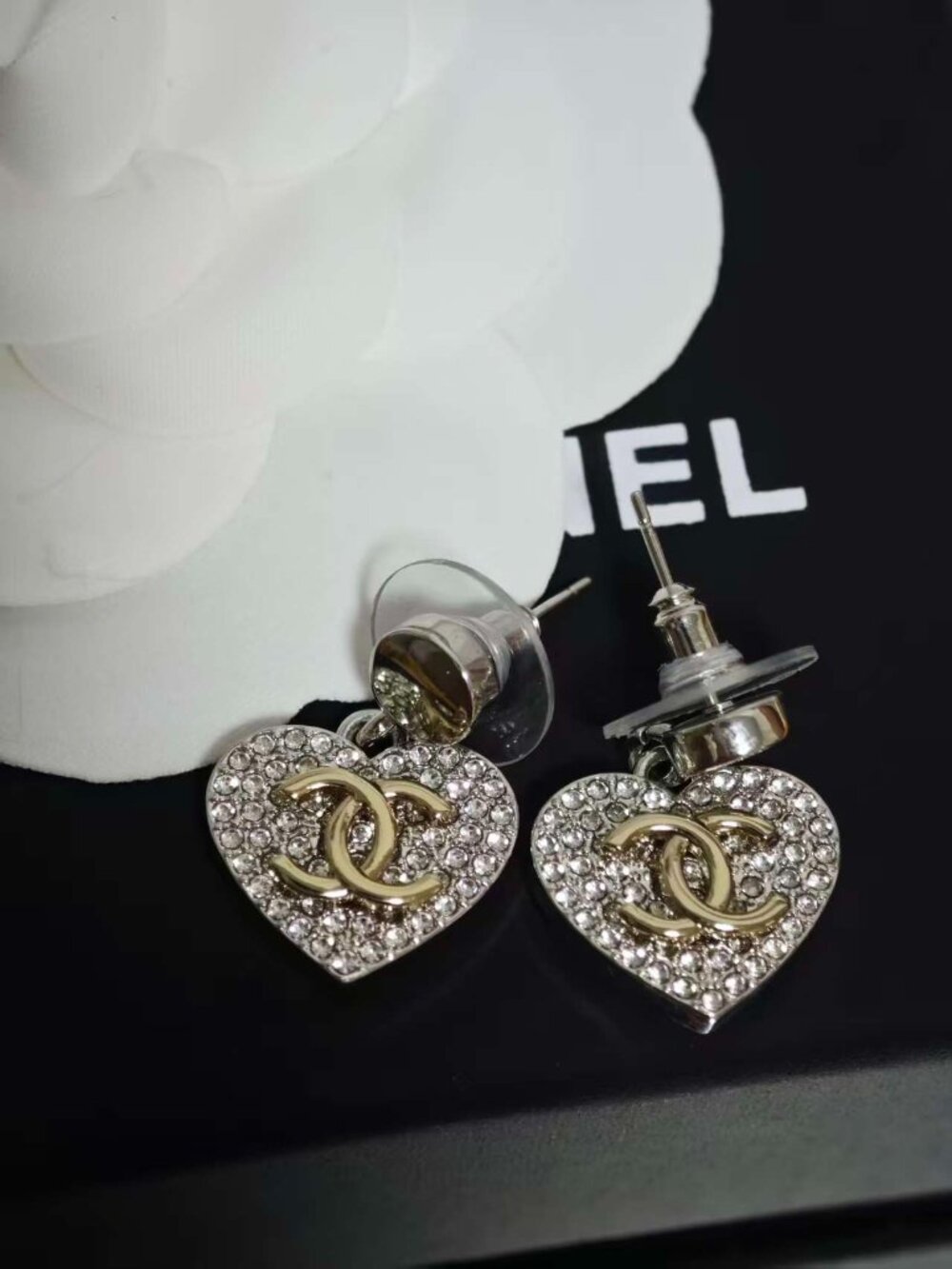 ℒAuthentic CHANEL CC Bow Crystal Stud Earrings, Silver